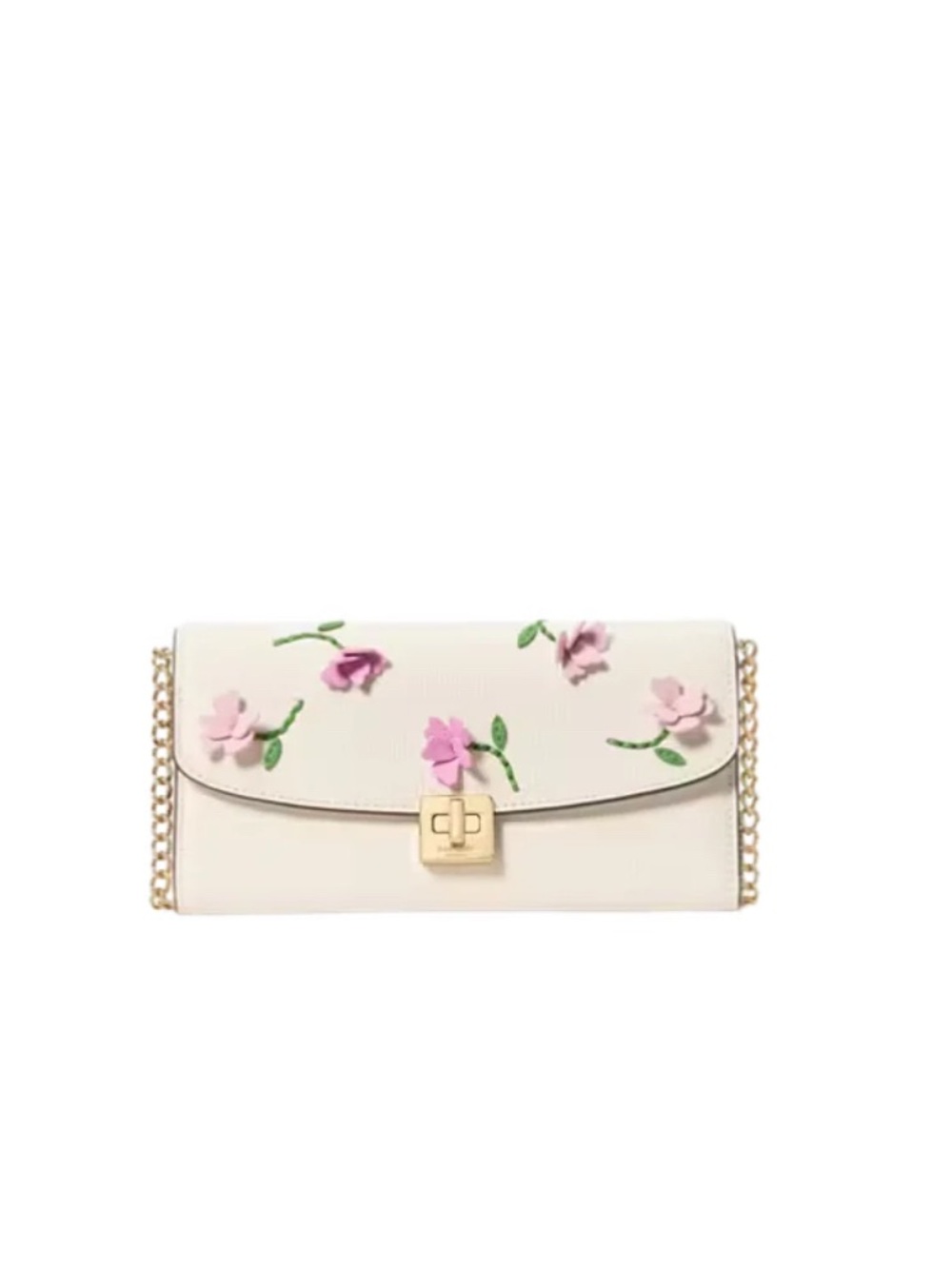 kate spade KK251 Cream Appliqué turnlock wallet on chain with Pink Blossoms